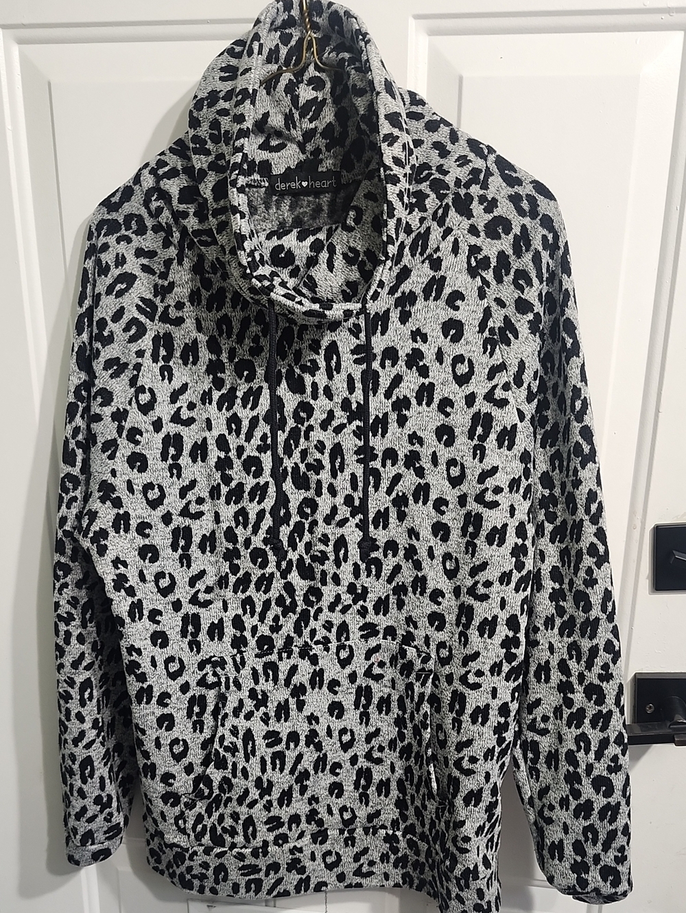 Derek Heart Black and White Leopard Cowl Neck Pullover